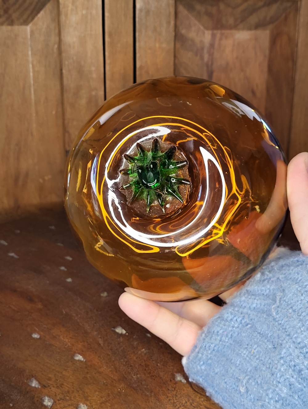 Hand-Blown Amber Glass Pumpkin Décor with Green Stem - Picture 10 of 11